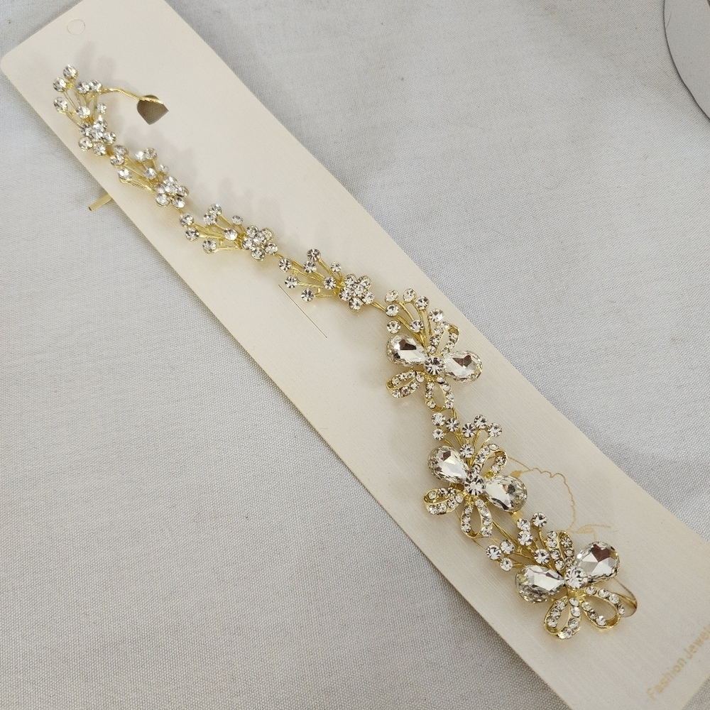 Clear Crystal Gold Floral Bow Design Hair Vine New